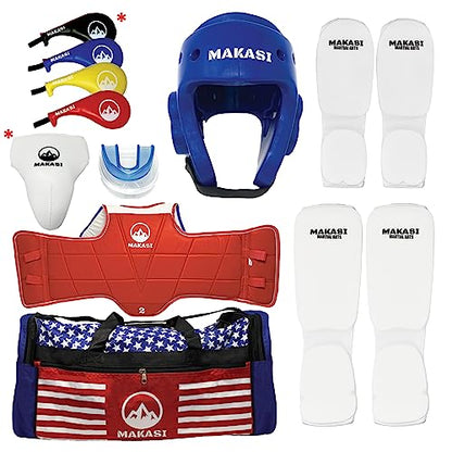 Martial Arts Taekwondo Sparring Gear Equipment Set Headgear Cloth Shin Instep Arm Chest Mouthguard Bag - color: Blue