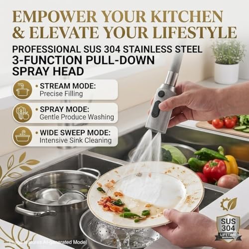 Kitchen Faucet, Pull Down Sprayer Kitchen Sink Faucet, Single Handle High-Arc with 3 Function Spray Head, 1 or 3 Hole Installation, Suitable for Farmhouse Laundry Rv Bar (Brushed Nickle)