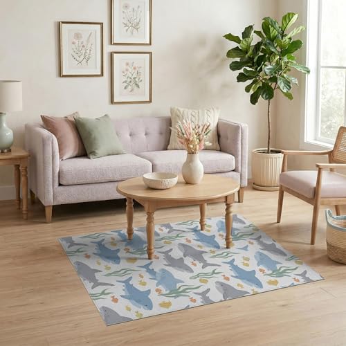4'x6' Washable Kawaii Shark Accent Rug, Grey Non-Shedding Small Carpet for Playroom, Bedroom, Reading Nook, Pet Friendly & Kids Safe Play Mat | Ref:2067797 - color: Blue/Pattern 24, size: 4' x 6' (Rectangular)
