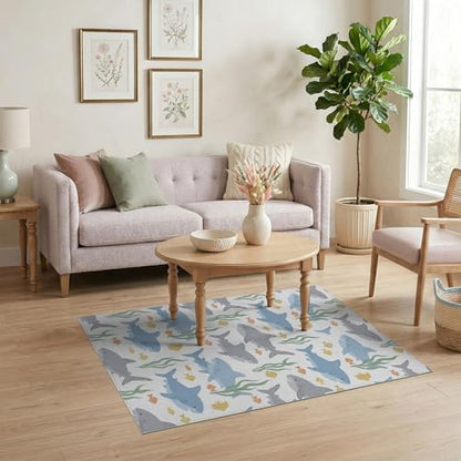 4'x6' Washable Kawaii Shark Accent Rug, Grey Non-Shedding Small Carpet for Playroom, Bedroom, Reading Nook, Pet Friendly & Kids Safe Play Mat | Ref:2067797 - color: Blue/Pattern 24, size: 4' x 6' (Rectangular)
