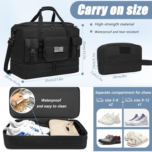 Tactical Duffle Bag - Gym Bag for Men with Shoe Compartment & Toiletry Bag | Carry on Luggage Mens Overnight Bag for Gym, Travel, Black - color: Black