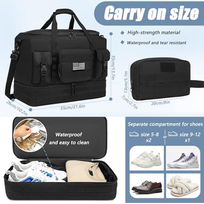 Tactical Duffle Bag - Gym Bag for Men with Shoe Compartment & Toiletry Bag | Carry on Luggage Mens Overnight Bag for Gym, Travel, Black - color: Black