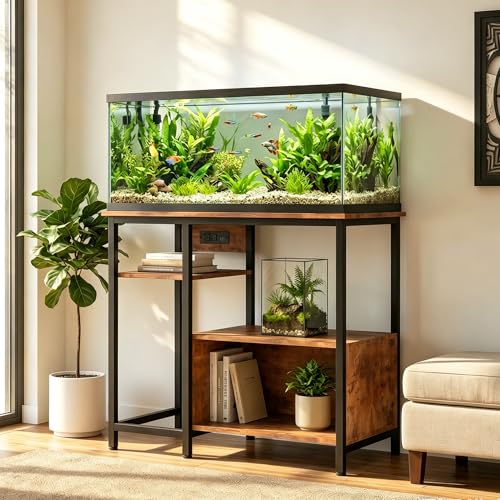 40-50 Gallon Fish Tank Stand, Heavy Duty Aquarium Stand with Power Outlets & Storage Shelves, Industrial Wood Metal Fish Tank Table Cabinet, 600LBS Terrarium Stand Tank Stand for Aquarium, Turtle Reptile Tank - color: Brown