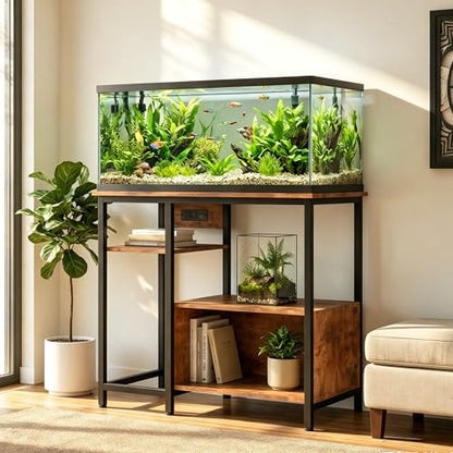 40-50 Gallon Fish Tank Stand, Heavy Duty Aquarium Stand with Power Outlets & Storage Shelves, Industrial Wood Metal Fish Tank Table Cabinet, 600LBS Terrarium Stand Tank Stand for Aquarium, Turtle Reptile Tank - color: Brown