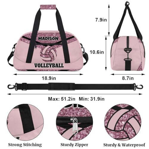 Personalized Volleyball Bag Teens, Light Pink Glittering | Custom Gym Bag Name Overnight Duffel Bag for Practice Sports Bag - color: Dark Pink
