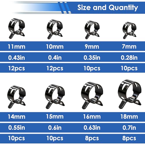 Spring Hose Clamp Assortment kit 7-18mm 8-sizes Constant Tension Hose Clamp used for Fuel Line，Vacuum Hose，Air Hose Spring Band Hose Clamp Kit - size: 7-18mm 80Pcs