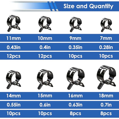 Spring Hose Clamp Assortment kit 7-18mm 8-sizes Constant Tension Hose Clamp used for Fuel Line，Vacuum Hose，Air Hose Spring Band Hose Clamp Kit - size: 7-18mm 80Pcs