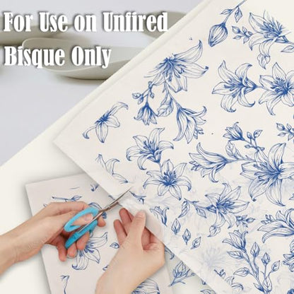 SUPERDANT 5PCS Lilies Underglaze Paper Transfer Flowers Transfer Paper for Clay Ceramic Porcelain Under Glaze Transfers for Pottery Enamel Decals Blue Underglaze Decal Papers Handcrafted Gifts - style: Lilies