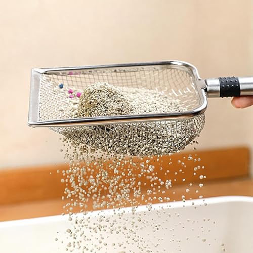 Integrated Metal Cat Litter Scoop, Stainless Steel Mesh Litter Scoop, Long Handle Cat Scooper, Poop Sifting Mesh Litter Deep Shovel, Cat Litter Scooper for Litter Box/Reptile Terrarium Sand Waste