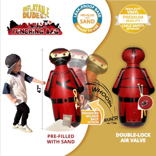 INFLATABLE DUDES Kids Punching Bag- Bop Bag | Sand-Base - color: Red Samurai Standard Ninja | Pre-filled with Sand, size: 47"