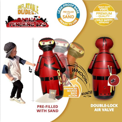 INFLATABLE DUDES Kids Punching Bag- Bop Bag | Sand-Base - color: Red Samurai Standard Ninja | Pre-filled with Sand, size: 47"