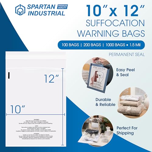Spartan Industrial - 10" X 12" (1000 Count) Self Seal Clear Poly Bags with Suffocation Warning for Packaging, Shipping - Permanent Adhesive - size: 10" x 12"