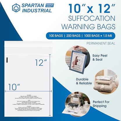 Spartan Industrial - 10" X 12" (1000 Count) Self Seal Clear Poly Bags with Suffocation Warning for Packaging, Shipping - Permanent Adhesive - size: 10" x 12"
