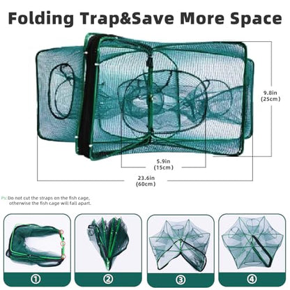 3 Pcs Foldable Fishing Net Accessories for Crab Crayfish Shrimp:Fishing Landing Net with Telescoping Pole Handle, Collapsible Crab Trap Hexagon and 2 Ropes