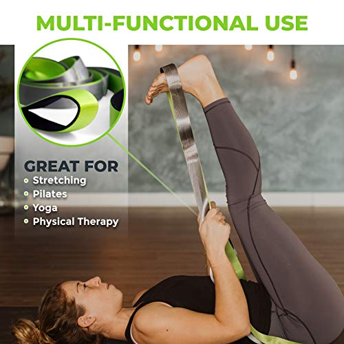 Stretching Strap for Physical Therapy, 12 Multi-Loop Stretch Strap 1.5" W x 8' L, Neoprene Handles, Physical Therapy Equipment, Yoga Straps for Stretching, Leg Stretcher. - color: Green/Grey