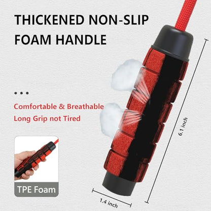 Weighted Jump Rope Nylon Adjustable - Tangle-Free Jump Rope for Women, Men, Kids, and Adults with Foam Handle, Rapid Speed with Ball Bearings, 360° Rotation Jumprope for Exercise, Fitness and Training - color: Red