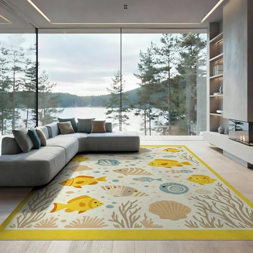 9'x12' Washable Beachy Seashell Oversized Rug, Light Blue Non-Shedding Pet Friendly Carpet for Master Suite, California King, Under Bed, Foldable Easy Care Mat | Ref:1952497 - color: Yellow/Pattern 16, size: 9' x 12' (Rectangular)