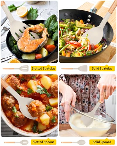 Pack of 4 Silicone Cooking Utensils Set, Non Stick Solid Spatulas and Heat Resistant Slotted Spoons with Wooden Handle, Ideal Wood Kitchen Utensils Set for Frying,Serving,Turning,Stirring (KHAKI)