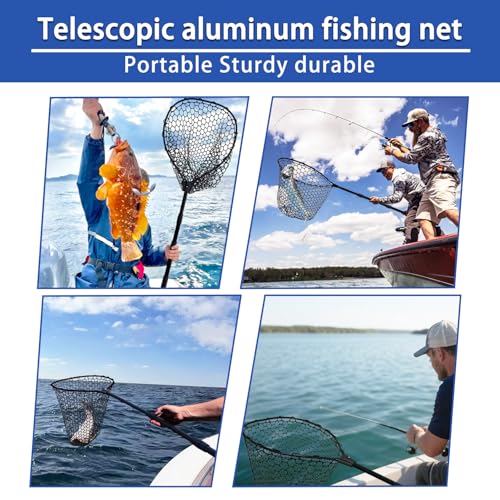 Telescoping Rubber Fishing Net with Handle 64"/46“ Long Silicone Large Fish Landing Net Kayak/Fishpond/Saltwater Extendable Fishing Gear Accessories - color: Black:3-section pole|length:63.7"