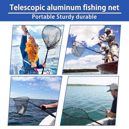 Telescoping Rubber Fishing Net with Handle 64"/46“ Long Silicone Large Fish Landing Net Kayak/Fishpond/Saltwater Extendable Fishing Gear Accessories - color: Black:3-section pole|length:63.7"