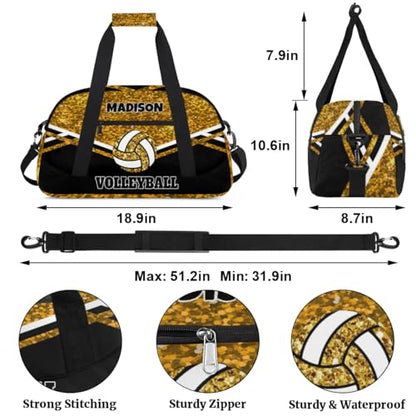 Custom Volleyball Bag with Name, Gold Sequins Glitters with Black | Personalized Sports Bag for Teens Waterproof Weekender Carry Training Travel Bag (Not real Glitter) - color: Gold Black