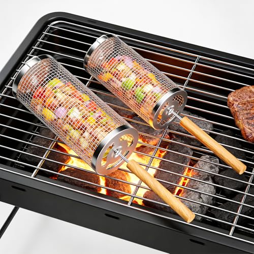 Rolling Grill Basket 2-Pack 304 Stainless Steel Grill Basket with Removable Wooden Handle, BBQ Grilling Net for Vegetables Shrimp veggie, Portable Camping Grill Accessories, Best Gifts for Dad/Husband/Men