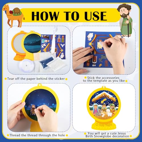 Frienda 48 Set Christmas Shaking Nativity Snow Globe Craft Kit Make a Jesus Birth Snowglobe Stickers Ornament Bulk with Glitter Sequins Papers for Xmas Tree Decor Religious Classroom Game Activities - style: Holy Night