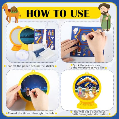Frienda 48 Set Christmas Shaking Nativity Snow Globe Craft Kit Make a Jesus Birth Snowglobe Stickers Ornament Bulk with Glitter Sequins Papers for Xmas Tree Decor Religious Classroom Game Activities - style: Holy Night
