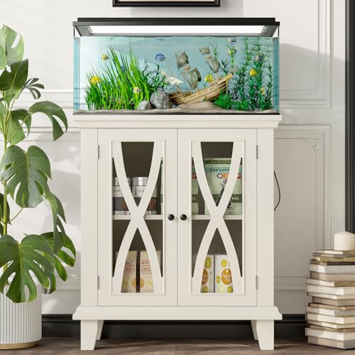 20 Gallon Aquarium Stand with Power Outlets & USB Ports, Fish Tank Cabinet with Double Doors & Adjustable Shelves, Farmhouse Style Aquarium Furniture for 20 Gallon Fish Tank,Beige