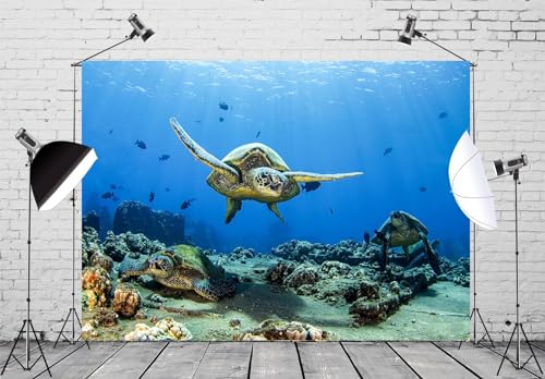 BELECO 8x6ft Fabric Underwater Turtle Backdrop Undersea Swimming Turtle Tropical Fish Coral Reef Blue Deep Sea Background Aquarium Undersea Party Decorations Baby Shower Birthday Photo Prop