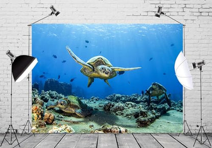 BELECO 8x6ft Fabric Underwater Turtle Backdrop Undersea Swimming Turtle Tropical Fish Coral Reef Blue Deep Sea Background Aquarium Undersea Party Decorations Baby Shower Birthday Photo Prop