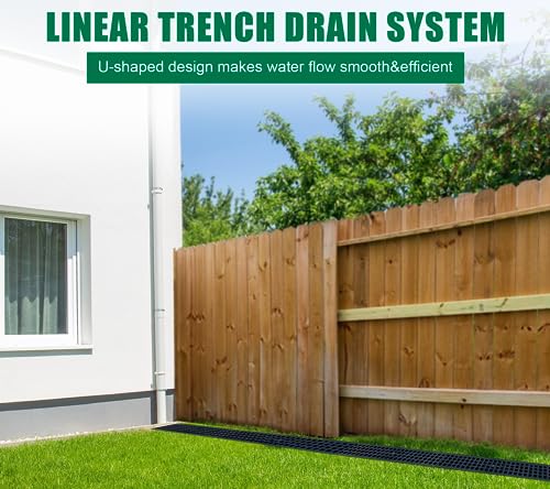 A15 Deep Profile HDPE Trench Drain-39.4Lx6.1Wx5.5H in. Channel Drain with Grates,Durable Plastic Yard Drainage System for Outdoor,Yard Fence,Houseside,Pool,Sidewalk,Patio,Backyard