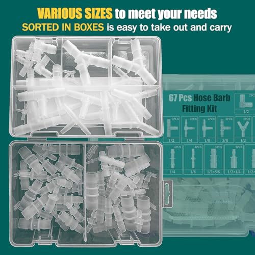 67Pcs Hose Barb Fittings Assortment - 21 Sizes with 90° Elbow, Y/T 3-Way, Equal & Reducing Straight Connectors, Plastic Pipe Repair Kit for Aquarium, Water, Fuel & Air Lines
