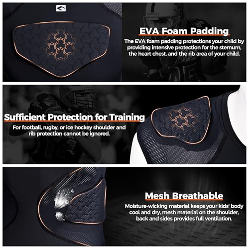 COOLOMG Youth Football Padded Shirt Chest Rib Protector - color: Black, size: Medium