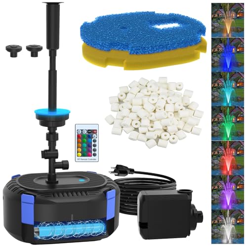 AquaMiracle All-in-1 Pond Fountain Kit 850GPH with 3-Spray Patterns Pond Filters System for Outdoor Ponds with Color LED & U - V Light to Clean Green Water Fountain Pump for 500-750 Gallon Ponds