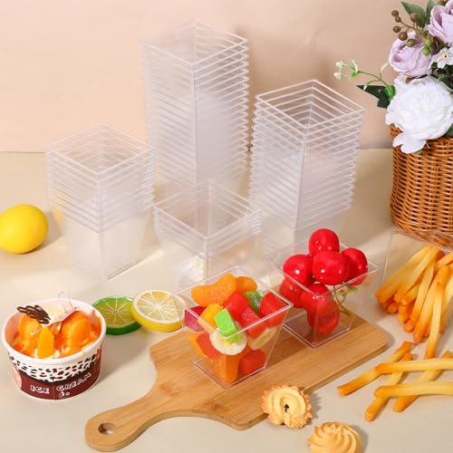 100 Pack 8 Oz Square Clear Plastic Dessert Cups & Charcuterie Cups - Disposable Mini Tasting Cup for Appetizers, Puddings, Mousse, Ice Cream, Party, Wedding Catering Supplies