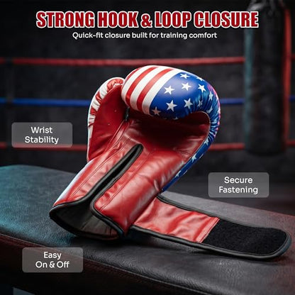 Boxing Gloves USA Flag Design for Men & Women 8oz-12oz – Muay Thai MMA Kickboxing Pro Training Sparring Gloves with Hook and Loop Wrist Support and Ventilation - size: 8 OZ