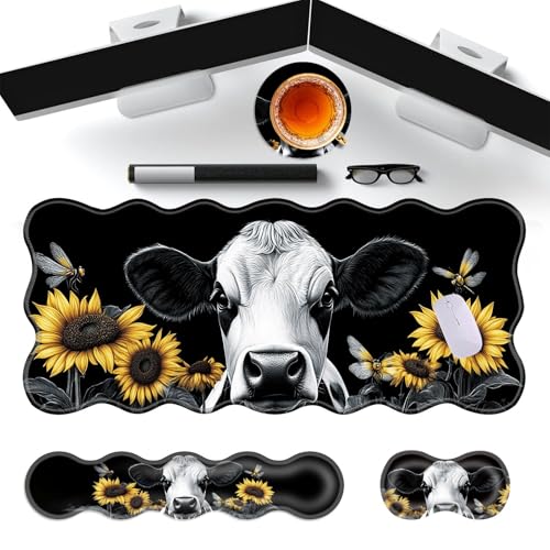 Large Gaming Mouse Pad, Keyboard Wrist Rest Pad & Wrist Support Mousepad Set, Stitched Edge, Extended, Non-Slip Base, Memory Foam Desk Mat for Office, Home,Cute Sunflower Cow - color: Cute Sunflower Cow