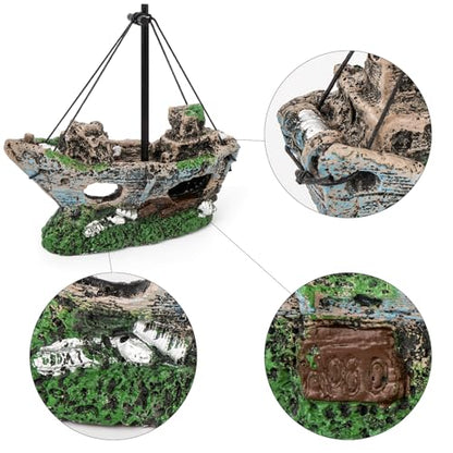 Aquarium Shipwreck Decoration Set Resin Fish Tank Ornaments Accessories for Undersea Aquarium Landscape Decor, Wreck Ship Ornament x 1pc, Aquatic Plants x 2 pcs