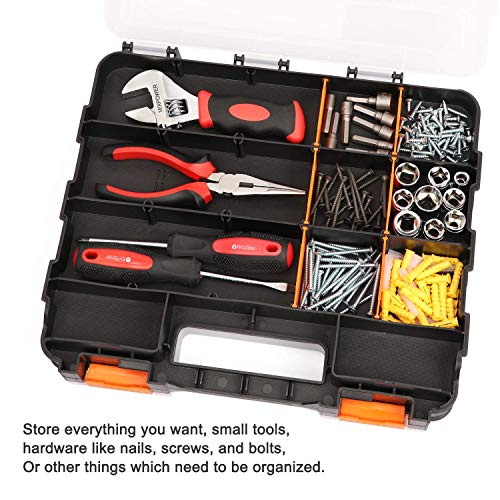 Mayouko Double Side Tools Organizer, Customizable Removable Plastic Dividers, Hardware Box Storage, Excellent for Screws,Nuts,Small Parts, 34-Compartment, Black/Orange,12.6"L x 10.6"W x 3.2"H