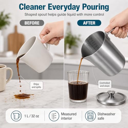 QWORK 304 Stainless Steel Measuring Pitcher with Lid 32oz/1L, Dual Scales Wide Mouth Graduated Cup for Espresso, Milk Frothing Jug with Handle