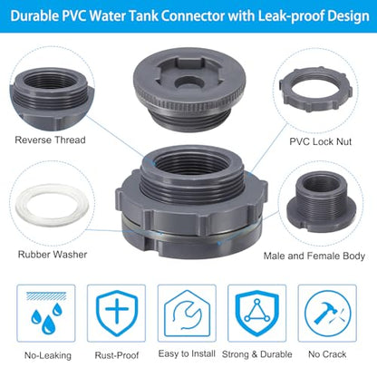 PATIKIL PVC Bulkhead Fitting with Plug NPT1-1/2", Bulkhead Water Tank Connector with Silicone Seal Gasket Garden Hose Fitting with Plug for Rain Bucket, Sinks, Aquariums, Gray