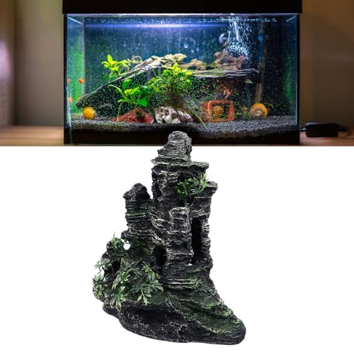Aquarium Rockery Decoration, Fish Tank Resin Rockery with Hiding Cave, Realistic Mountain View Landscaping Stone for Freshwater and Saltwater Tanks, Safe Non -