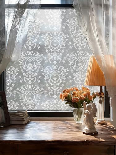 Frosted Damask Window Privacy Film, 78.5" L x 17.5" W, Decorative Non-Adhesive Static Cling, Heat Control & UV Blocking, Anti-Glare Sticker for Home Office Bathroom