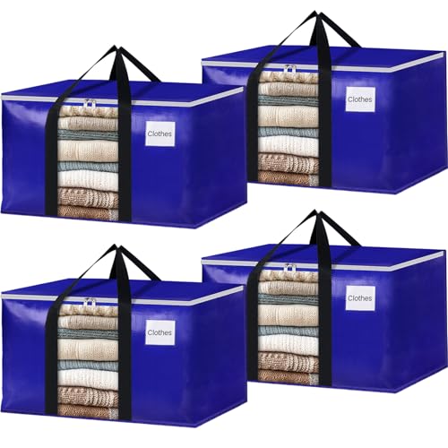BlissTotes 4 Pack Moving Bags with Clear Window, Storage Bags with Strong Carrying Handles & Zippers,Large Packing Bags for Saving Space, Alternative to Moving Boxes(Blue,20 Gallon)