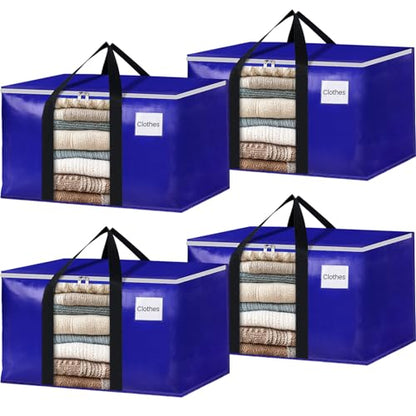 BlissTotes 4 Pack Moving Bags with Clear Window, Storage Bags with Strong Carrying Handles & Zippers,Large Packing Bags for Saving Space, Alternative to Moving Boxes(Blue,20 Gallon)