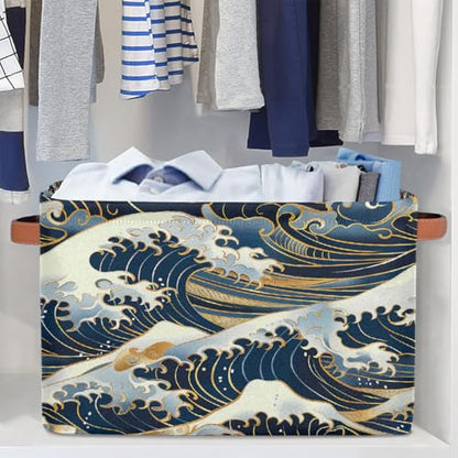 Ocean Waves Japanese Storage Basket with Handles Collapsible Storage Bins Rectangular Toy Storage Organizer Box Fabric Shelf Baskets for Nursery Bedroom Bathroom 1PC