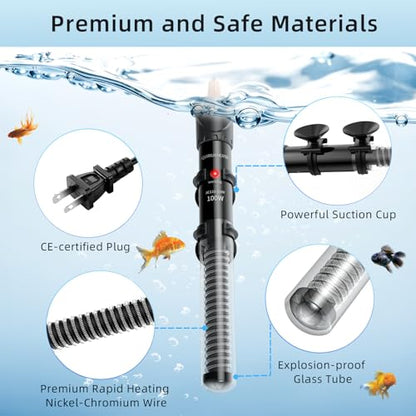 Aquarium Heater 25W/50W/100W/200W/300W, Adjustable Knob Fish Tank Heater with Digital Thermometer, Submersible Betta/Turtle Tank Heater for Freshwater and Saltwater Tanks - size: 100W for 10-30 gallon