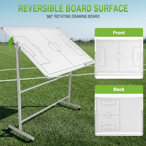 Double-Sided Soccer Coaching Board Height Adjustable Dry Erase Whiteboard with Wheels 360 Degree Reversible Soccer Tactics Board with Magnets Pen & Eraser for Teaching Training