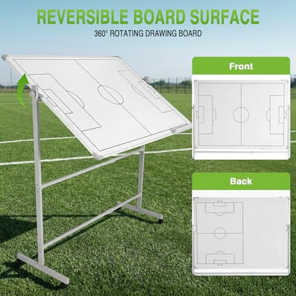 Double-Sided Soccer Coaching Board Height Adjustable Dry Erase Whiteboard with Wheels 360 Degree Reversible Soccer Tactics Board with Magnets Pen & Eraser for Teaching Training